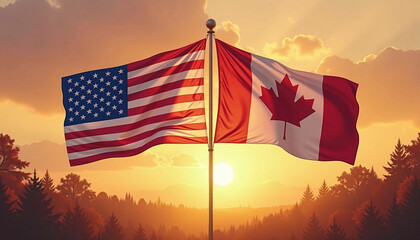 United States and Canada Flags at Sunrise