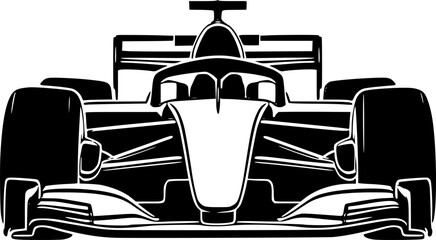 Front view of a black formula 1 car vector icon isolated on a transparent background.