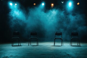 Empty Stage with Four Chairs Under Mysterious Blue Lighting