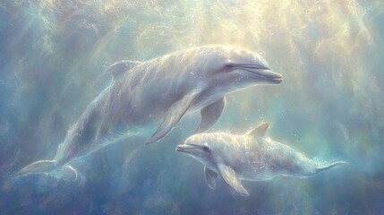 Obraz premium Tranquil dolphins gliding underwater in sunlit ocean