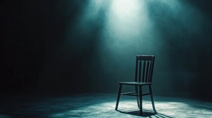 Solitary Chair in a Dark Room, Mysterious and Eerie Atmosphere.  A Single Spotlight Illuminates the Scene, Creating a Dramatic Effect.