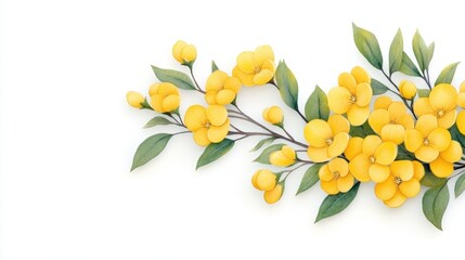 Vibrant yellow flowers and green leaves on white background