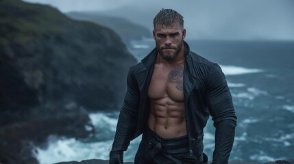 Rugged coastal warrior: bearded man in black amid stormy cliffs and ocean waves