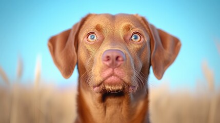Portrait of a brown dog staring intently with blue sky background