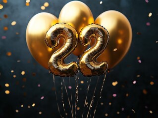 Gold balloons decorate black background for birthday anniversary party. Number 22 balloons create festive celebration theme. Confetti adds to celebratory atmosphere. Illustration ideal for birthday