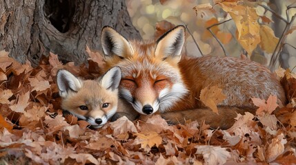 Naklejka premium Cozy foxes resting amidst autumn leaves in a forest setting