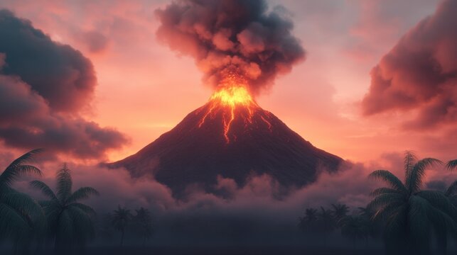 Dramatic volcano eruption at sunset with ash and lava clouds in tropical landscape
