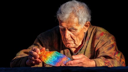 Elderly man examining iridescent crystal against black background