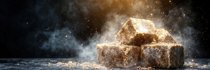 Obraz premium Golden brown sugar cubes in dramatic light with smoky background