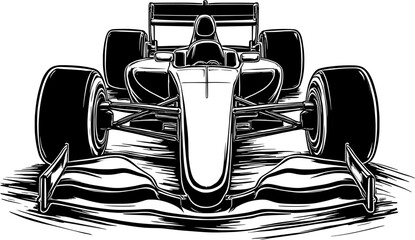 Front view of a black formula 1 car vector icon isolated on a transparent background.