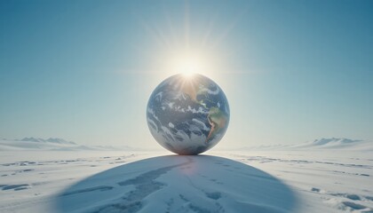 Earth Globe on Frozen Arctic Landscape at Sunrise
