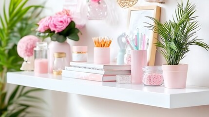 White shelf with pink decor, flowers, books, and plants.