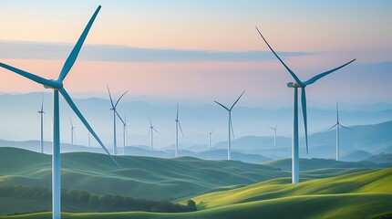 Harnessing the power of renewable energy with wind turbines on rolling green hills under a serene sunrise, showcasing sustainability, clean energy, and the future of eco-friendly power solutions