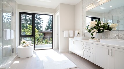 Luxurious modern bathroom with double vanity, glass shower, and large window overlooking garden.