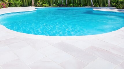 Fototapeta premium Luxurious curved swimming pool surrounded by lush greenery and a tiled patio