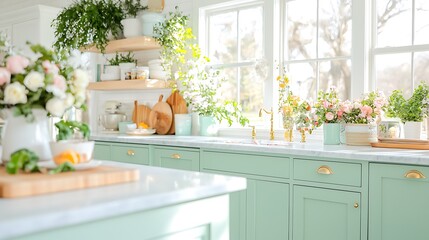 Sunlit kitchen with pale green cabinets, marble countertops, and fresh flowers.