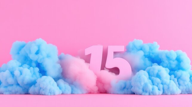 Vibrant celebration with number 15 in pink and blue clouds