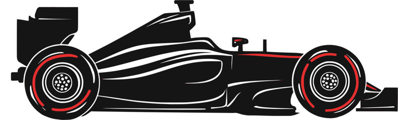 Side view of a black formula 1 car vector icon isolated on a transparent background.