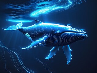 Naklejka premium Majestic Bioluminescent Blue Whale Swimming in Vibrant Deep Ocean Waters Illuminated by Ethereal Glow, Showcasing Marine Beauty and Wonder of Aquatic Wildlife in an Enchanting Underwater Scene