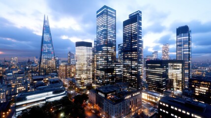 Fototapeta premium City skyline at dusk featuring modern skyscrapers and lights.