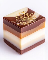 Elegant Gourmet Chocolate Square with Rich Layers of White, Milk, and Dark Chocolate Topped with Edible Gold Flakes on a Bright Background