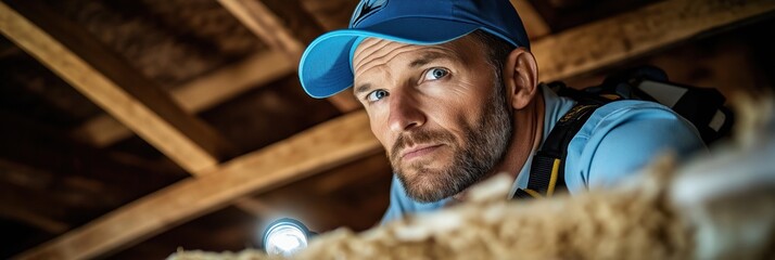 Focused pest control specialist inspects attic for termites. Professional technician uses flashlight, tools to find infestation. Carefully examining wooden structure. Preventive maintenance,