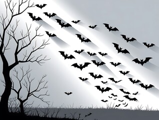 Spooky Silhouette of Flying Bats in a Haunted Night Scene with Bare Trees and Shadows, Perfect for Halloween Themes, Gothic Art, and Eerie Atmospheres Capturing the Essence of Mystery and Darkness