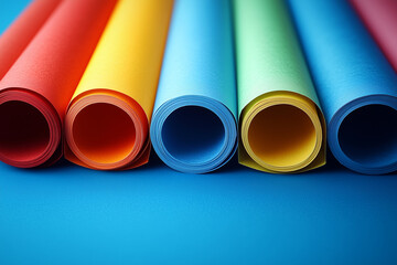 Stack of colorful paper with a blue background