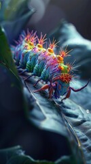 Vibrant iridescent caterpillar crawling on a large leaf.