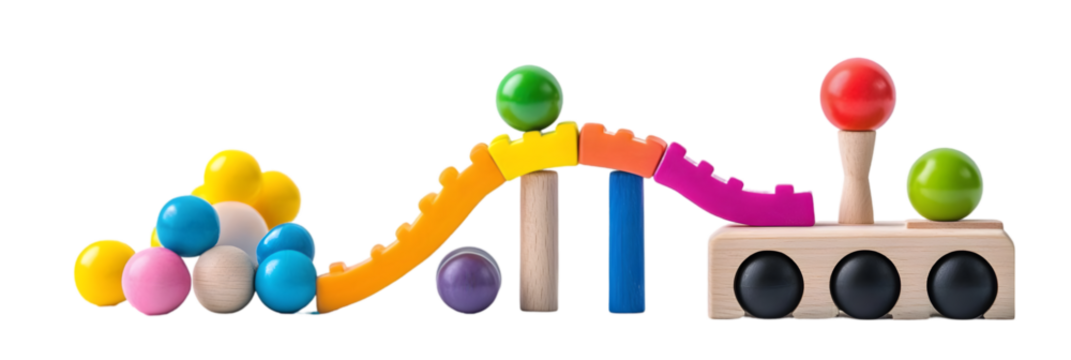 Colorful abstract toy construction with ramps, spheres, and geometric shapes, kids' game, isolated on transparent background.