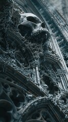 A skull carved into an ornate, gothic building facade, overgrown with vines.
