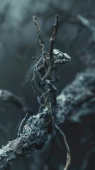 Chameleon perched on a dark, gnarled branch, exhibiting camouflage.