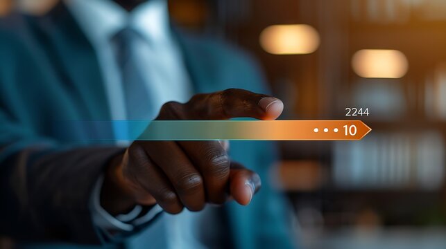 "A professional figure in a suit, with their hand extended forward, interacting with a sleek, futuristic digital interface. The interface displays a progress bar or timeline in gradient colors, transi