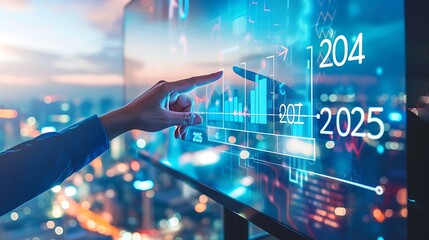 "An advanced futuristic digital interface featuring data visualizations, graphs, and glowing holographic projections, with a hand interacting with the display. The background showcases a cityscape ill