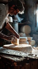Elderly artisan cuts fresh cheese in rustic workshop.