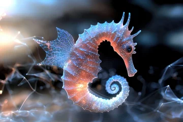 Selbstklebende Fototapeten Radiant Seahorse: Fractal inspired seahorse, bioluminescent display, colorful patterns, luminous marine creature, glowing ocean creature, dynamic light display, surreal aquatic design. © Ruslan Batiuk