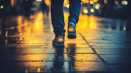 Fototapeta premium Night city walk, wet pavement, glowing shoes, urban background, travel blog