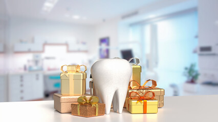 The Teeth and gift box for Dental or Health concept 3d rendering.
