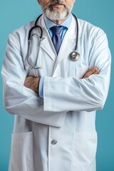 Medium body shot of a doctor with a stethoscope. Blue background. Copy space. High quality photo