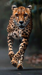Cheetah running towards camera, close-up.