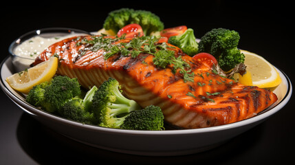 Close-up of a grilled salmon steak with colorful vegetables, showcasing a healthy gourmet meal, studio view.