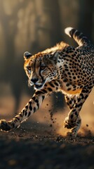 Cheetah running at sunset, kicking up dust.