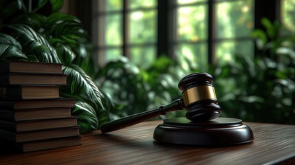 Wooden gavel rests on a desk surrounded by rich green plants. Books are stacked next to the gavel. Large windows let in soft light. Scene evokes tranquility and justice in a legal office or courtroom.