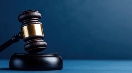 Dark wooden gavel on blue background. Legal concept. Auction court scene. Judgement decision concept. Represents power, justice in legal process. Potential for auction court setting. Suitable for