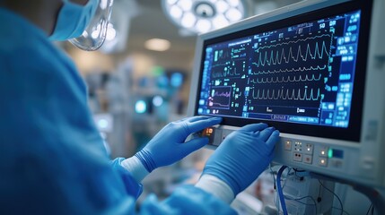 Medical pro operates high-tech diagnostic equipment in clean clinic. Close-up view of advanced tech tool use. Person in blue uniform works carefully. Health care pro monitors patient vital signs.
