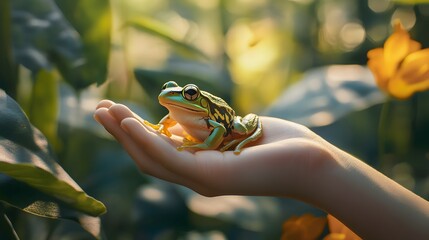 Green frog resting gently on a human hand