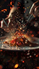 Close-up of a chef plating a fiery, delicious pasta dish with sparks flying.