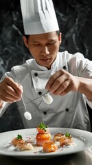 Chef meticulously preparing an elegant plated dessert, focusing intently on detail.