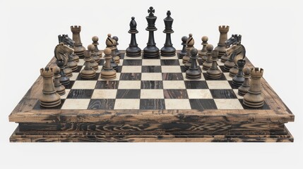 Classic chessboard game set up for a match,  pieces arranged on a dark wood board.