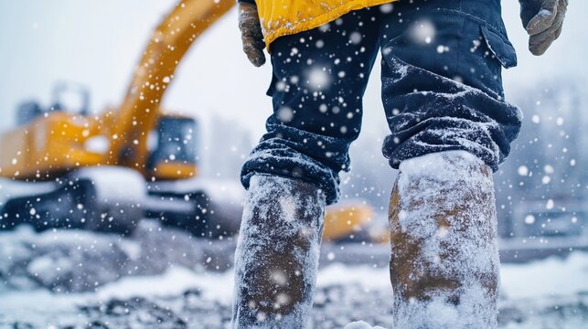 Construction worker in winter work clothes stands in snow. Snow falls. Protective gear protects from cold. Worker stands on construction site near yellow excavator. Dedicated, determined worker